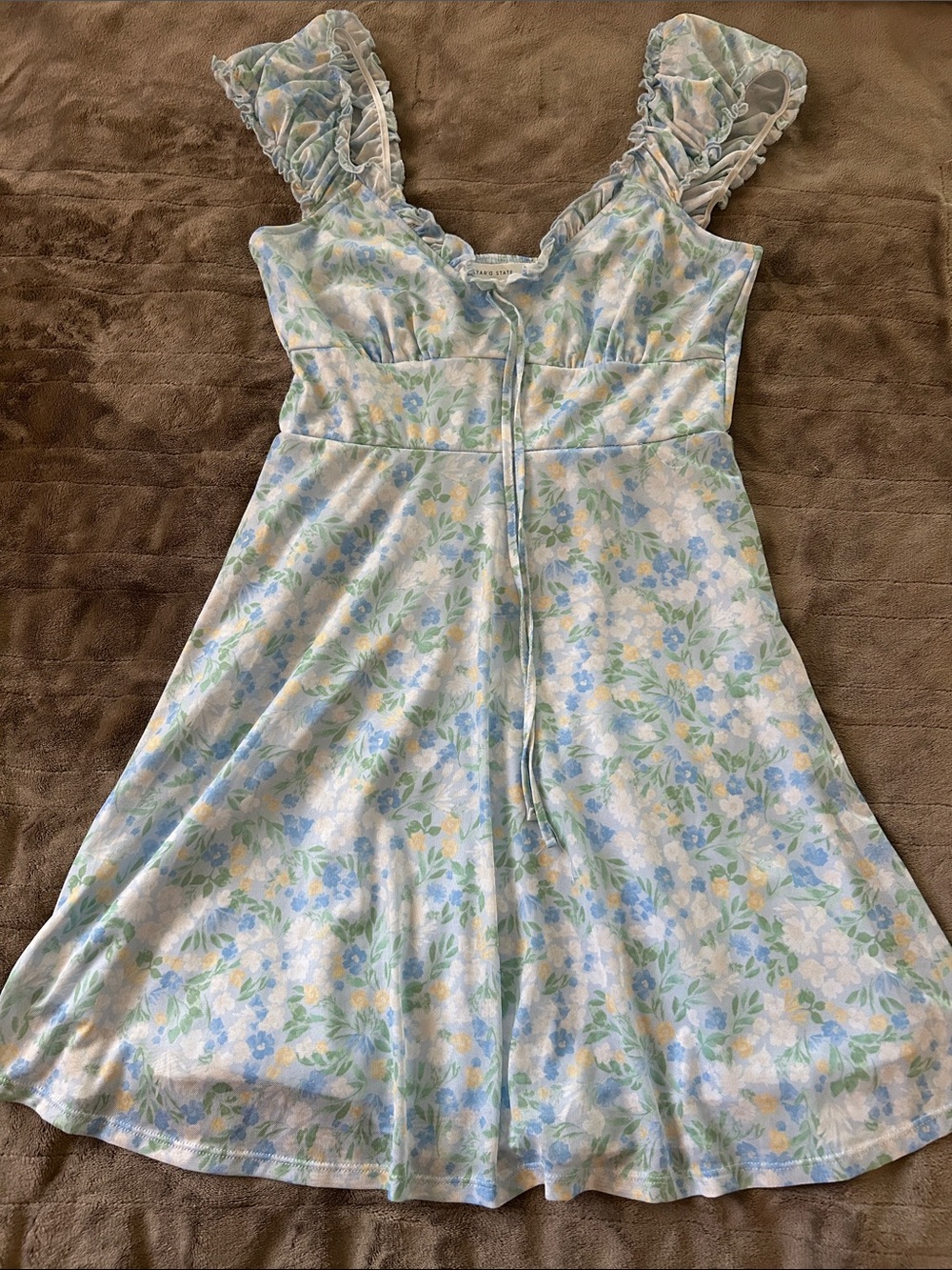 Altar'd State Pastel Floral Ruffle-Shoulder Chemise in Light Blue and Yellow